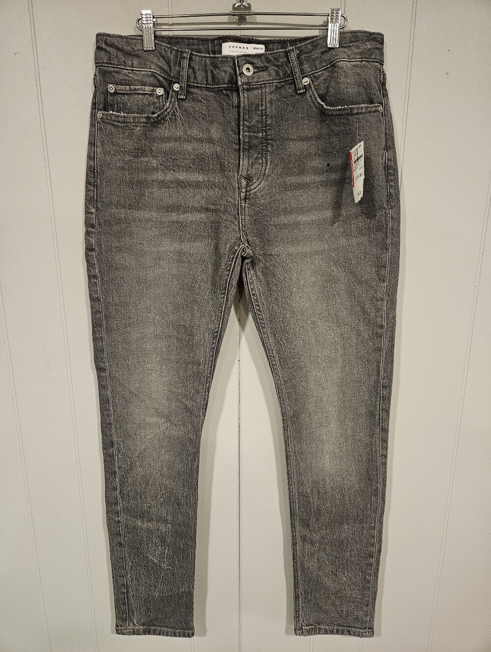 Topman Jeans Mens Black Faded Denim Stretch Skinny Button Fly 34x32 SPOT NWT